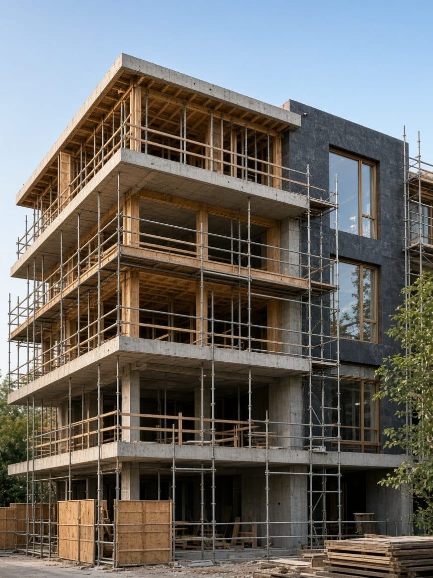 Betonarme katlar, ahşap kalıp ve iskeleyle süren bir yapı inşaatı